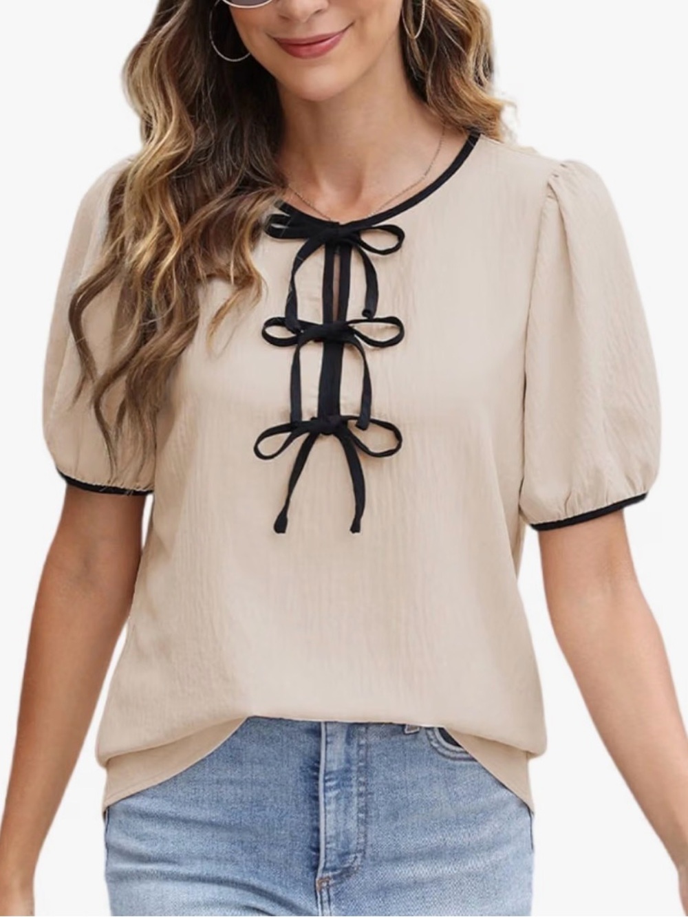 Tie-Front Puff Sleeve Blouse - Beige